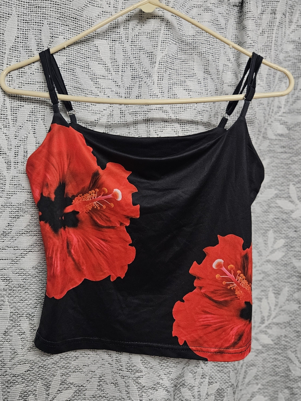 SHEIN Black Camisole with Bold Red Hibiscus Print